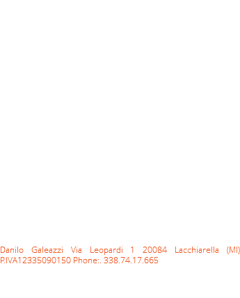 Qualità per distinguersi La comunicazione rappresenta un aspetto fondamentale per qualsiasi tipologia di azienda o esercizio commerciale. Siamo un azienda giovane e dinamica ci occupiamo di fotografia e grafica per l' impresae ci contraddistingue,dal piccolo biglietto da visita al poster gigante per le fiere usiamo sempre i nostri alti standard di qualità. La nostra azienda puo’ offrirvi un vastita’ di prodotti tale da esaudire ogni vostra esigenz dagli stampati commerciali, editoriali, pubblicitari, al sito web moderno.. Il Visual Designer è colui che sviluppa graficamente tutti i materiali atti a realizzare la comunicazione visiva, ovvero offline, di un’azienda . Il Visual designer è colui che ha il compito di sviluppare materiali visuali atti a creare un’esperienza, di comunicare messaggi nella maniera più efficace possibile. Spetta a lui tutta quella parte del disegno industriale che progetta e realizza un determinato tipo di prodotti definibili come prodotti grafico/multimediali. Tipografia, grafica (editoriale, stampata e web), video editing, fotografia, illustrazione, colore, icon design, infovis, prototipazione, pubblicità, copywriting, immagine coordinata, eventi… sono mille aspetti che confluiscono tutti nello stesso macrosistema chiamato Visual Design. La comunicazione visiva è un fattore imprescindibile per tutte le attività e sono sempre di più le aziende che chiedono la consulenza di terzi per assicurarsela. Danilo Galeazzi Via Leopardi 1 20084 Lacchiarella (MI) P.IVA12335090150 Phone:. 338.74.17.665 